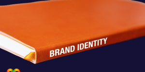 An image of an orange book with the words Brand Identity on the spine in white.